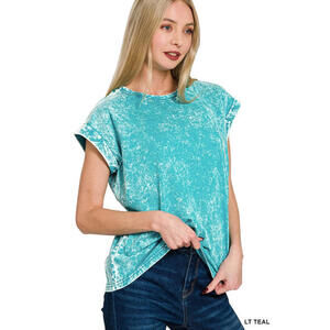 Crinkle Wash Cotton Folded Sleeve Top Relaxed Fit by Zenana